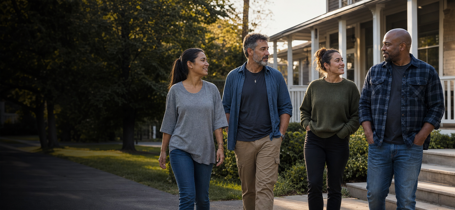A diverse group of adults walking together outside a welcoming home